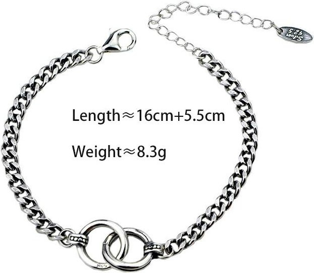 Doppelkreis-Silberarmband, dicke Kette, Unisex, 16,5 cm + 5,5 cm, weiß - Bild 1