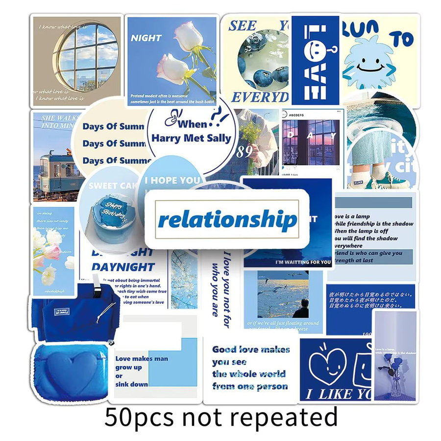 50 Stück blaue Tagebuchaufkleber im INS-Stil von AufnahmeYourLife Store, wasserfeste literarische englische Collage-Dekoration aus Papier - Bild 2