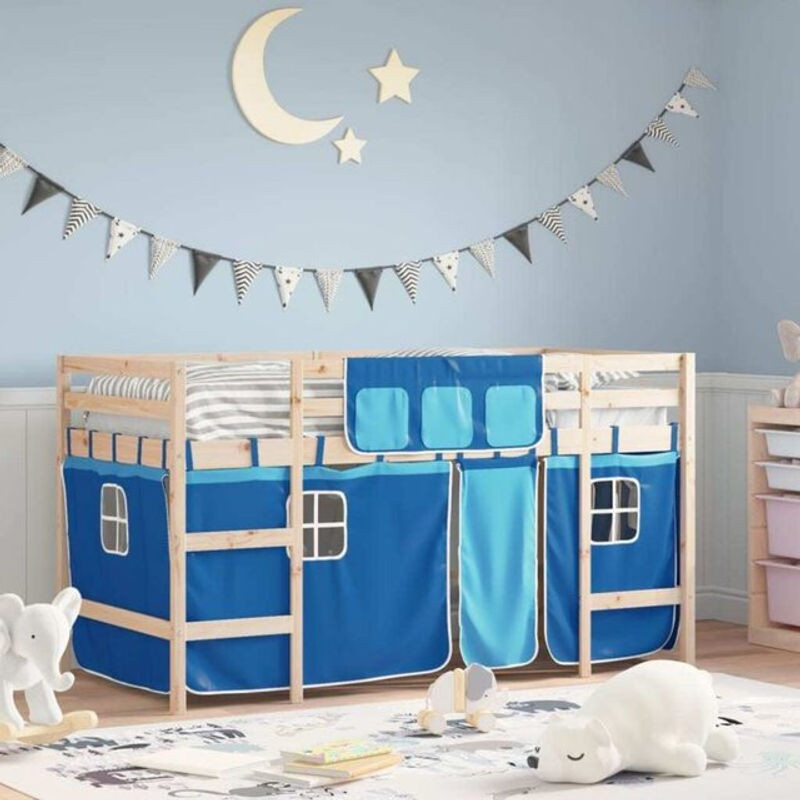 Vidaxl Kinderhochbett aus Massivholz Kiefer mit Vorhängen in Blau, B/T/H: 90 x 200 cm - Bild 1