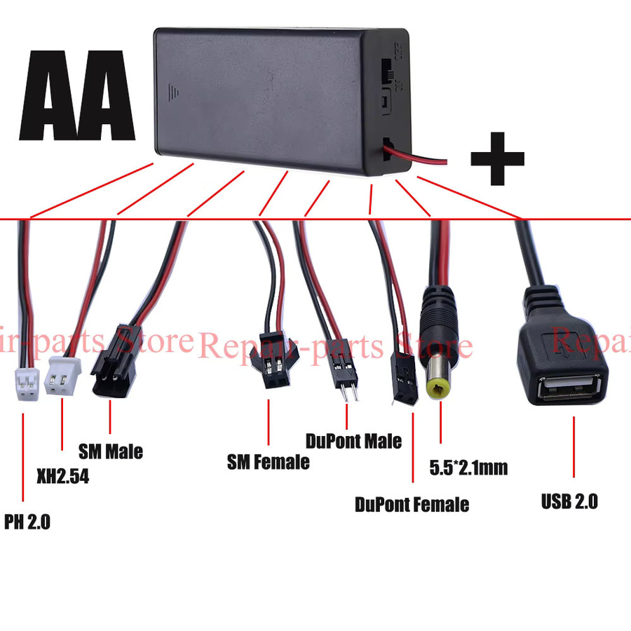 JCD AA-Batteriehalterbox in Schwarz mit Schalter, Abdeckung und Anschlüssen für USB, Barrel Plug und DuPont Terminal - Bild 2