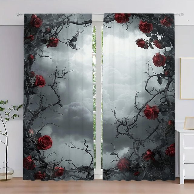 2er-Set Gothic Rosen Vorhang mit Himmel-Print, Weiß, B: 52,5 cm, H: 116 cm - Bild 1