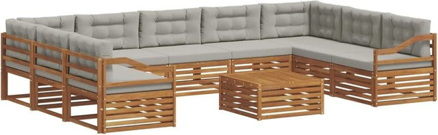 vidaXL Sofagarnitur 10-teilig aus Akazie Massivholz in Natur und Hellgrau mit U-Form und Latten-Design - Bild 1