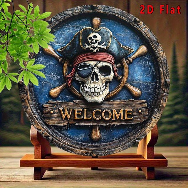 Potdemiel Metallwandkunst Piratenschädel und gekreuzte Knochen rundes Aluminiumschild mit Willkommen Planke, Mehrfarbig, Durchmesser: 20 cm - Bild 1