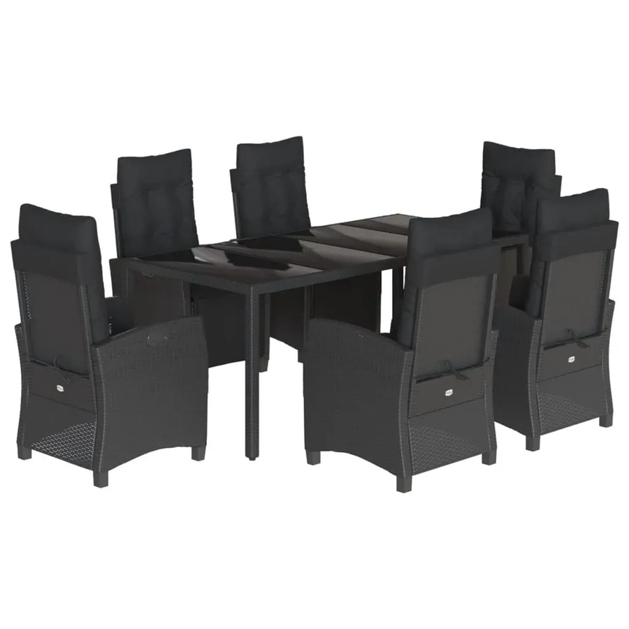 vidaXL 7-teilige Garten-Essgruppe aus schwarzem Poly-Rattan mit Kissen und Hartglas-Tischplatte - Bild 2