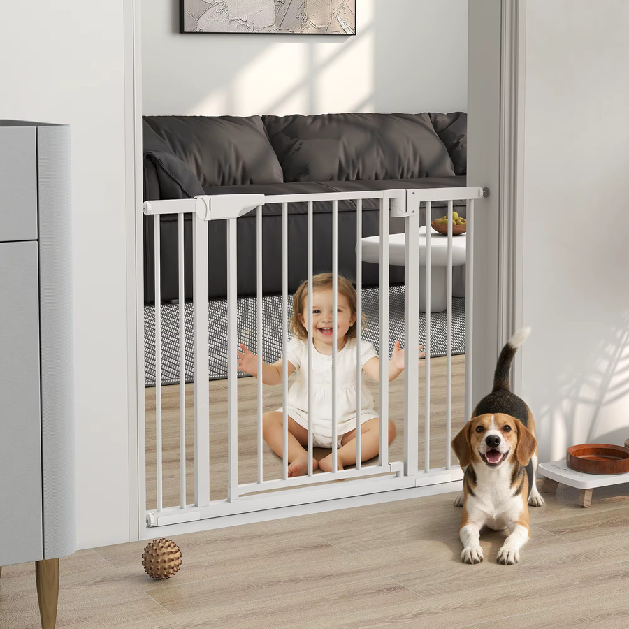 Svintora Baby- und Haustier-Schutzgitter aus Metall in Weiß mit Erweiterungskit, automatisch schließendes Treppengitter zur Druckmontage ohne Bohren, Breite: 76-102 cm - Bild 2