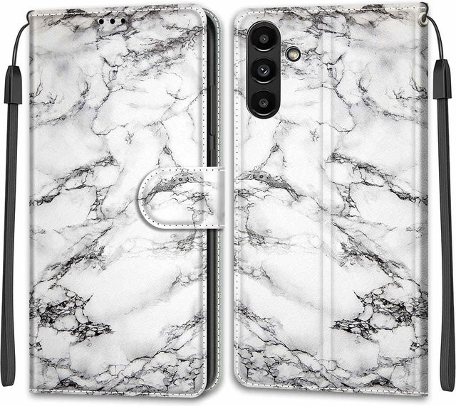 Luxuriöse bemalte Ledertasche im Brieftaschen-Stil als Schutzhülle für Samsung Galaxy A-Serie in Weiß - Bild 1