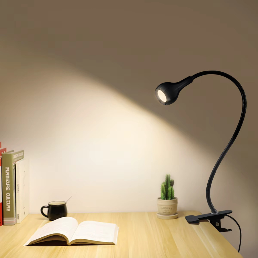 CHNAITEKE Flexible Clip-on-Schreibtischlampe in Schwarz mit USB-Anschluss, 360 Grad verstellbare augenschonende Leselampe und Nachtlicht für Home Office und Schlafzimmer - Bild 2