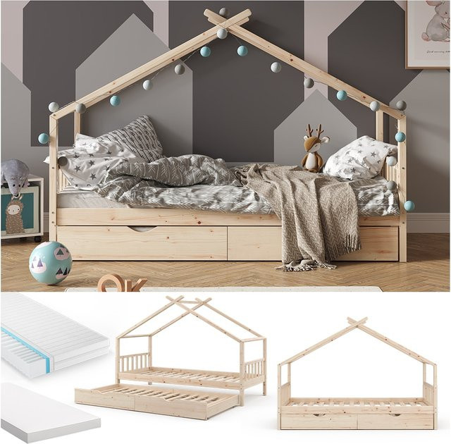 VitaliSpa Kinderbett Hausbett aus Massivholz mit Matratze und Lattenrost in Natur, B/T/H: 90 x 200 cm - Bild 1