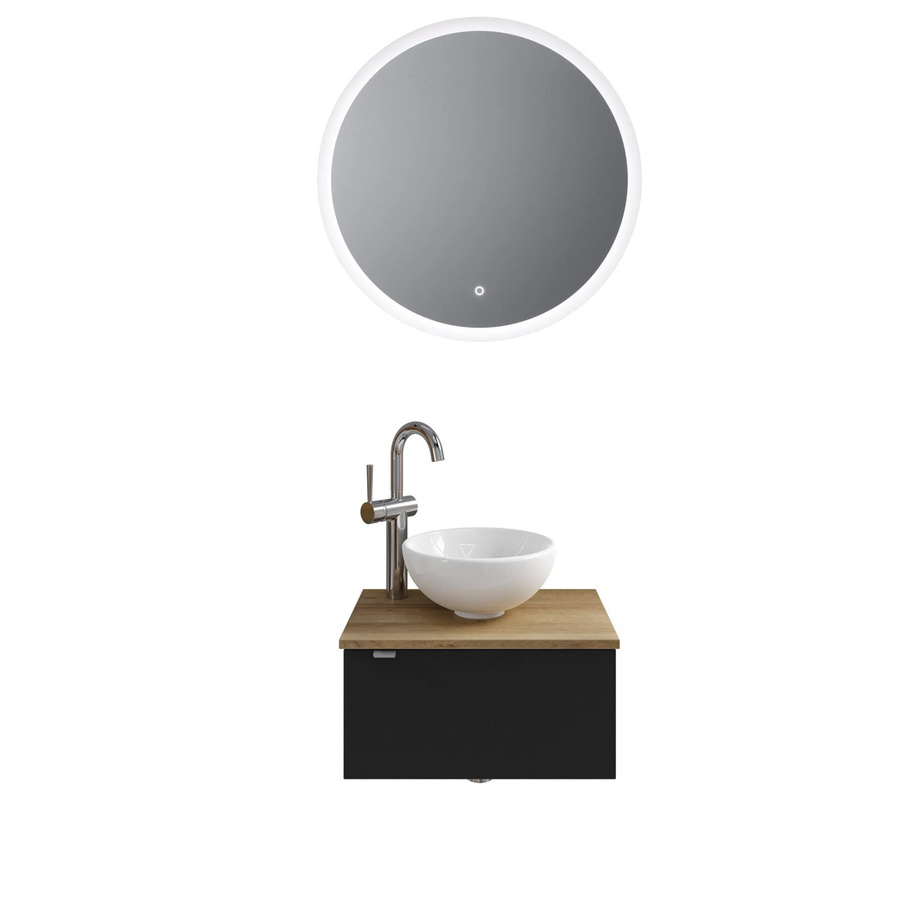 Pelipal Badmöbel-Set Serie 6915 in Schwarz Matt und Riviera Eiche mit Waschtischunterschrank, Waschtischplatte, Keramik Aufsatzbecken und Funktionsspiegel mit LED-Beleuchtung und Sensor-Schalter - Bild 2