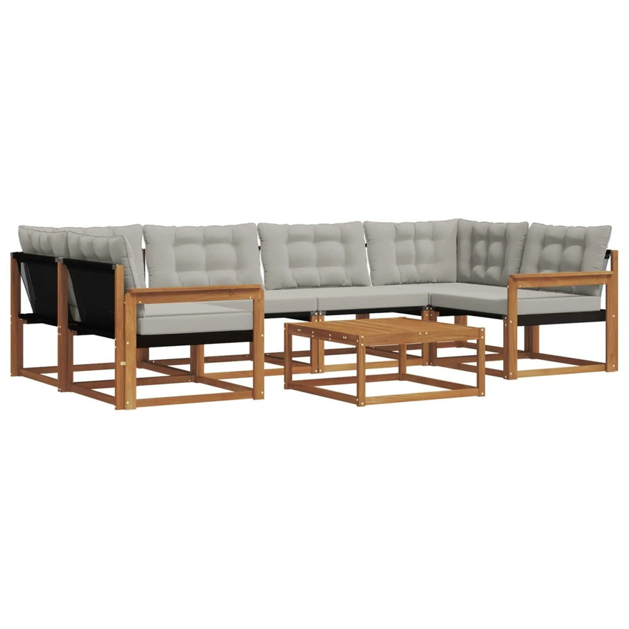 vidaXL Outdoor-Sofagarnitur 7-teilig aus Akazienholz und Textilene in Natur und Hellgrau mit L-Form und Kissen - Bild 2