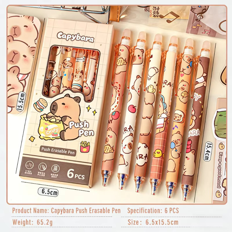 6/12-teiliges Capybara Gelstift-Set, löschbare Tintenstifte in Blau und Mehrfarbig, ästhetisches Briefpapier für Schule und Büro - Bild 2