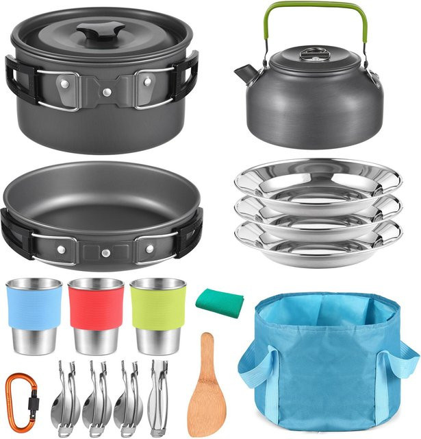 TOMSHOO 20-teiliges Outdoor-Camping-Topfset aus Aluminium in Schwarz mit Pfanne und Stieltöpfen - Bild 1