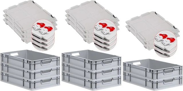 PROREGAL SuperSparSet 8x Eurobox NextGen Grip mit Scharnierdeckel und roten Schiebeschnappverschlüssen, Grau, H x B x T: 12 x 40 x 60 cm, 23 Liter, mit verstärkten Wänden - Bild 1