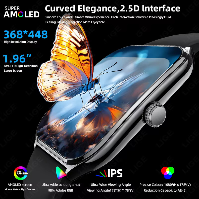LIGE Smartwatch für Herren in Schwarz mit 1,96 Zoll AMOLED HD Display, Anruf-Erinnerung, kompatibel mit Android und iOS - Bild 2