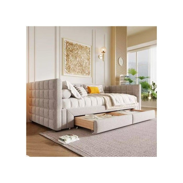 MUVOE Tageslilie Ausziehbares Bett mit 2 Schubladen aus Samt in Beige, B/T/H: 90 x 200 cm - Bild 2