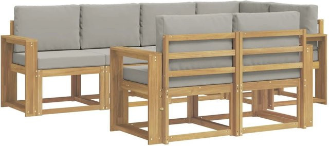 vidaXL Outdoor-Sofagarnitur 7-teilig in L-Form aus Akazienholz mit Kissen, Weiß-Hellgrau - Bild 1