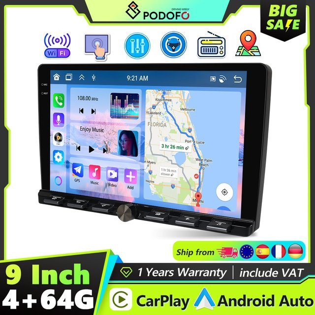 Podofo 2DIN Android Autoradio mit 4G LTE, 4+64G Speicher, kabellosem Carplay und Android Auto, WIFI, GPS und FM/RDS Stereo in Schwarz - Bild 1
