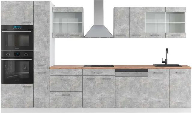 Vicco R-Line Küchenzeile in Beton-Optik und Weiß mit Hochschrank in Eiche, Breite: 350 cm - Bild 1