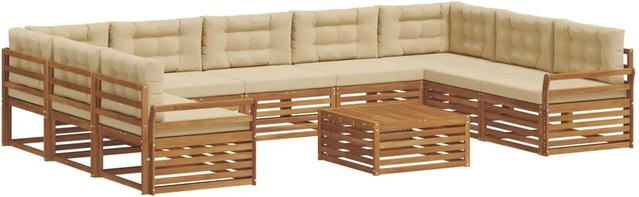 vidaXL Sofagarnitur aus Massivholz Akazie in U-Form, 10-teiliges Set in Natur und Beige mit abnehmbaren Polstern - Bild 1