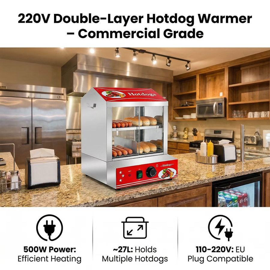Podofo Kommerzieller Hot-Dog-Dampfgarer aus Edelstahl in Silber, 2-stufig, 1000W, 27L mit mechanischer Temperaturregelung - Bild 2