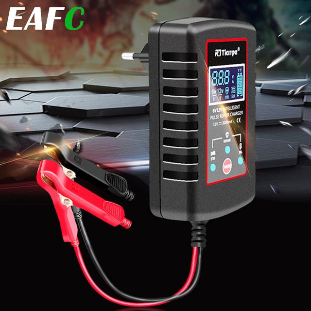 EAFC Vollautomatisches Batterie Ladegerät für 12V und 6V Blei-Säure-Batterien, 2A Mini Ladegerät für Motorrad, Auto und Spielzeug, Schwarz - Bild 1