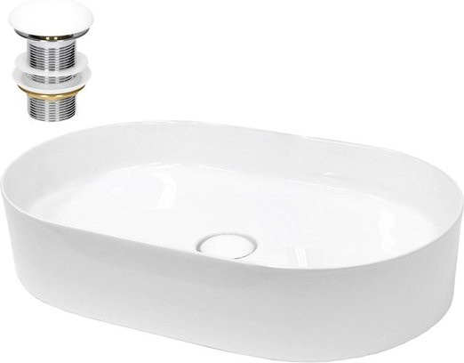 LuxeBath Waschbecken aus Keramik in Weiß, Oval, ohne Überlauf inklusive Ablaufgarnitur, B/T/H: 60,5 x 38,0 x 12,5 cm - Bild 1