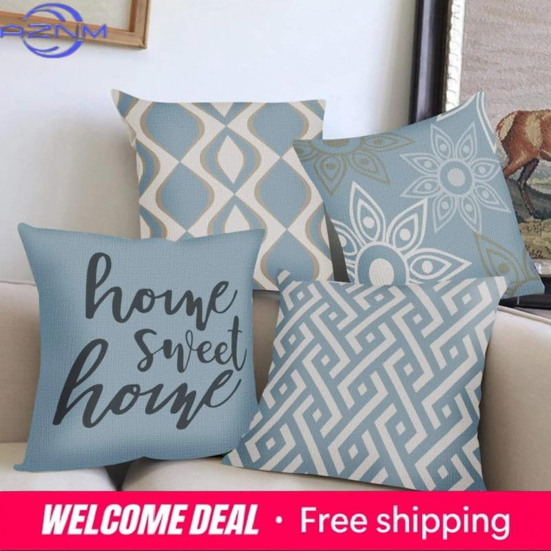 Shunika Chen Kissenbezug Blau mit geometrischem und floralem Home Sweet Home Muster, B/H: 18 x 18 cm - Bild 2