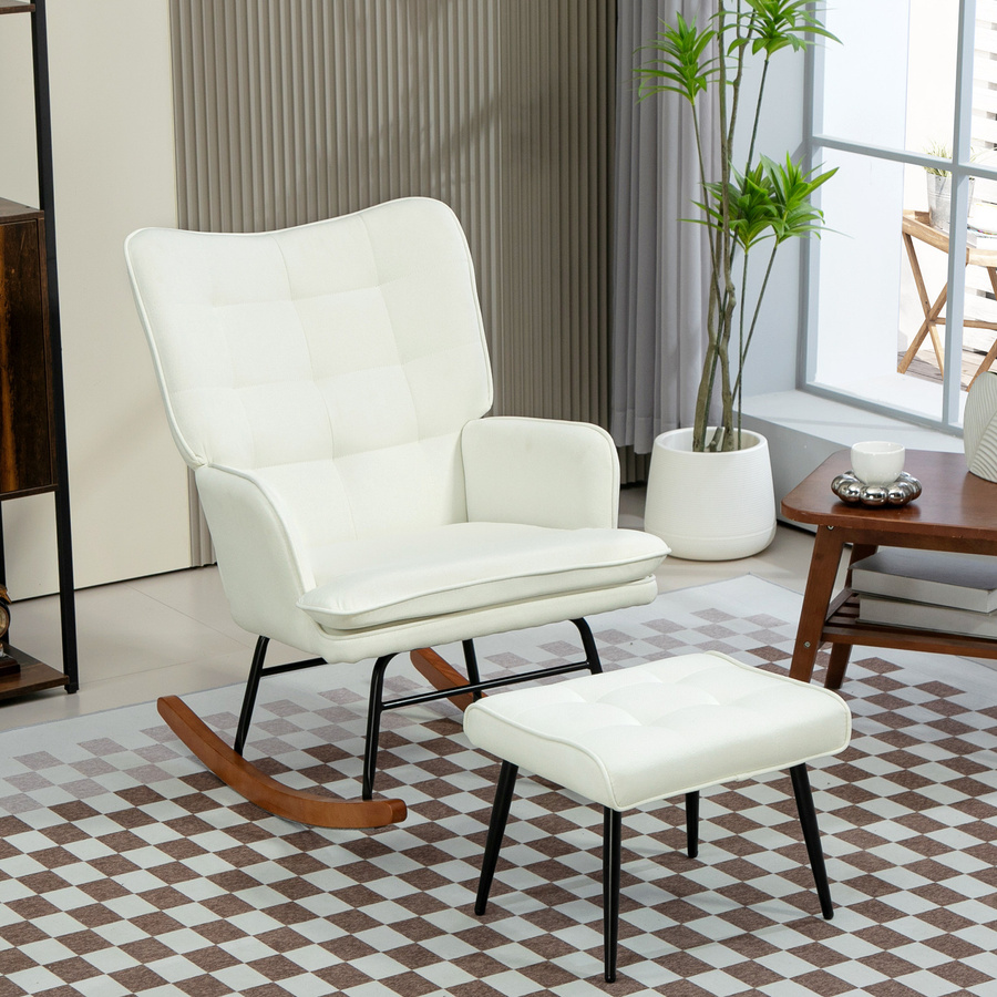 HOMCOM Schaukelstuhl mit Hocker in Weiß, moderner Schwingsessel in Leinenoptik mit Armlehnen für Wohnzimmer und Schlafzimmer - Bild 2