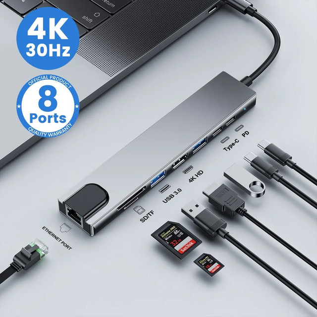 8in1 USB-C Hub mit 4K HDMI, RJ45 Ethernet, SD/TF Kartenleser und PD Schnellladung für MacBook und Laptop - Bild 1