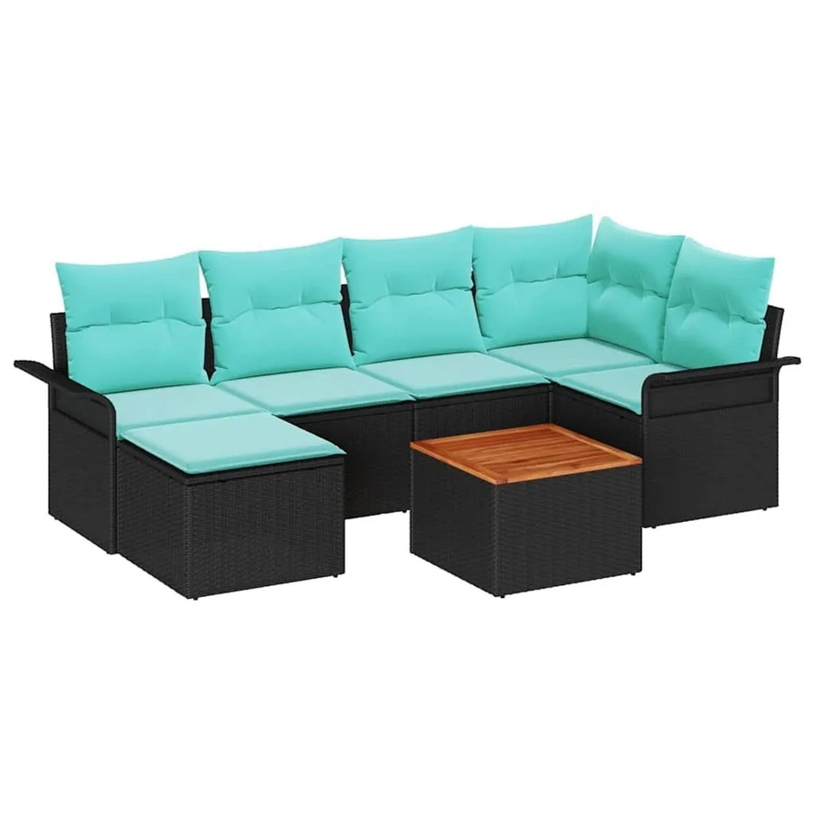 vidaXL Gartensofa-Set aus Poly-Rattan in Schwarz und Türkis, 7-teilige L-Form Lounge-Garnitur mit Akazienholz-Gestell und Polsterkissen - Bild 2