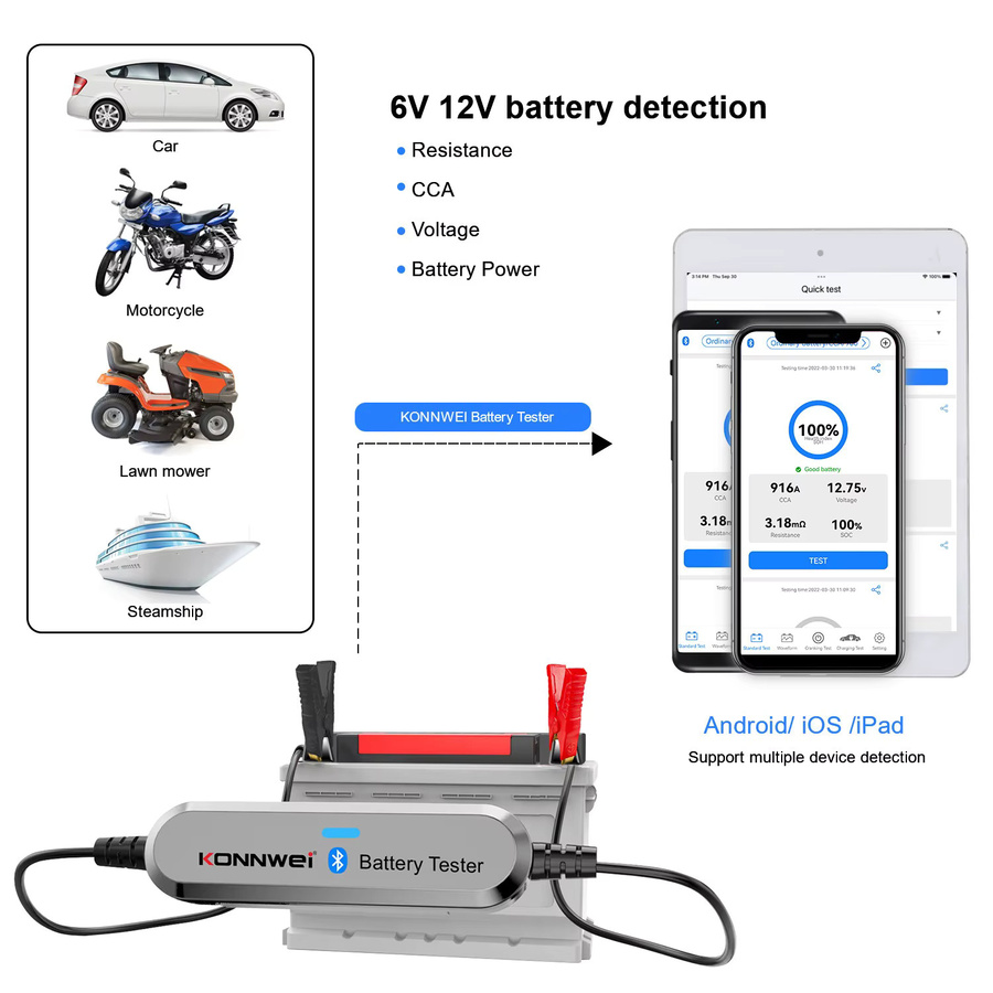 KONNWEI BK100 Bluetooth 5.0 Batterietester für Auto und Motorrad, 12V Batteriemonitor mit 100-2000 CCA Lade- und Startstromtest, Schwarz - Bild 5