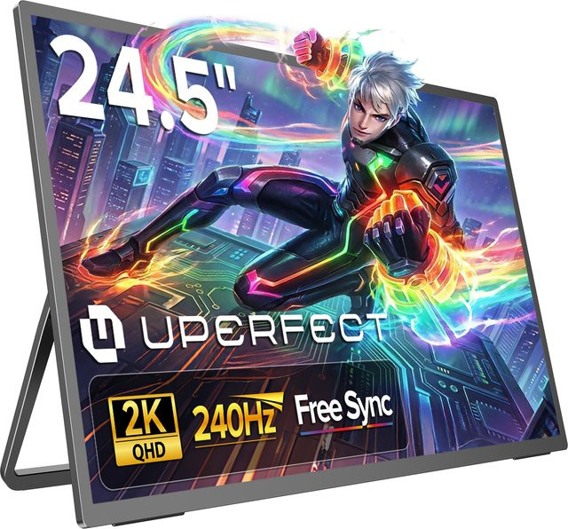 UPERFECT Tragbarer Gaming Monitor 24,5 Zoll QHD 2K mit 240Hz, 0,1ms Reaktionszeit, FreeSync und HDR in Schwarz - Bild 1