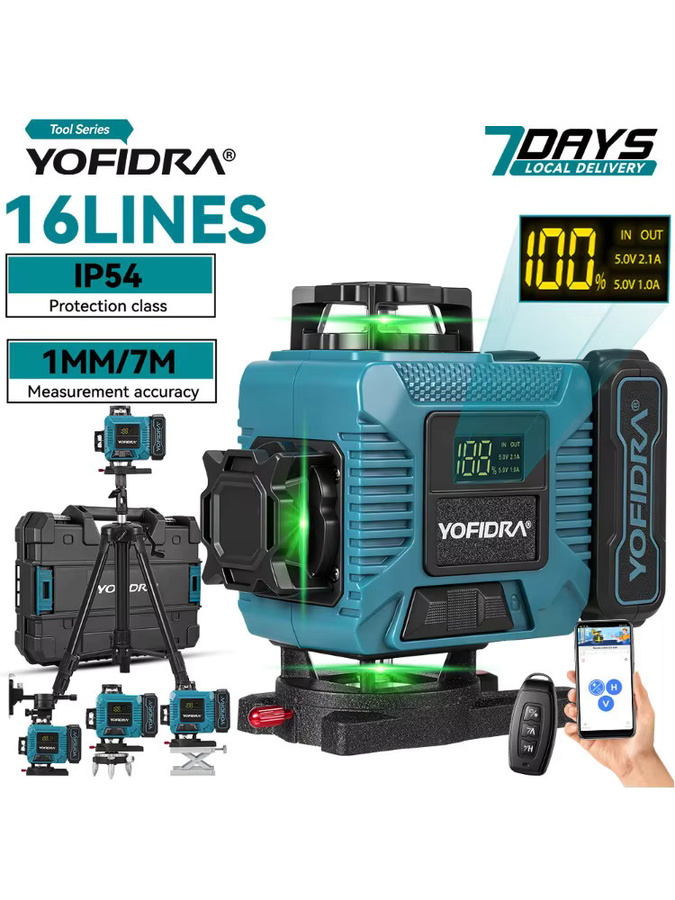 YOFIDRA 16-Linien 4D Laser-Nivelliergerät mit 1M Stativ, selbstnivellierendes Kreuzlinienlaser-Messgerät für horizontale und vertikale Messungen - Bild 7