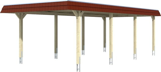 Skan Holz Carport Wendland aus Fichte in Eiche hell mit roter Alu-Dach Blende, B: 409 cm, T: 870 cm - Bild 1