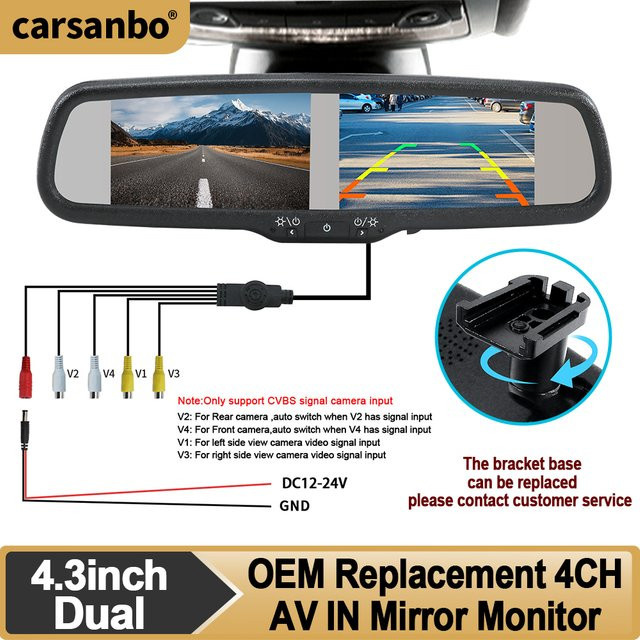 Carsanbo Auto-Rückspiegelmonitor mit 4,3 Zoll TFT LCD Doppelbildschirm, OEM NO.1 Halterung, CVBS Signal und 4CH RCA, Schwarz - Bild 1