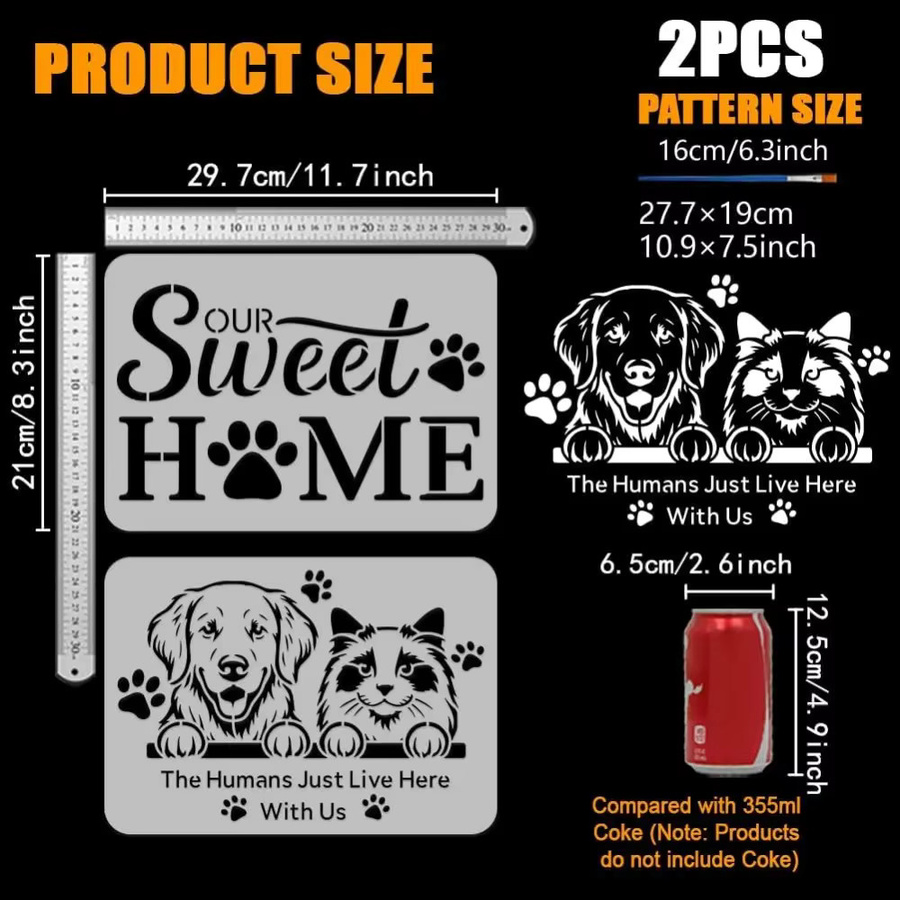 2er-Set Haustierschablonen aus PET mit Pinsel für Katzen und Hunde, Our Sweet Home Motiv, B: 29,7 cm, H: 21,1 cm - Bild 2