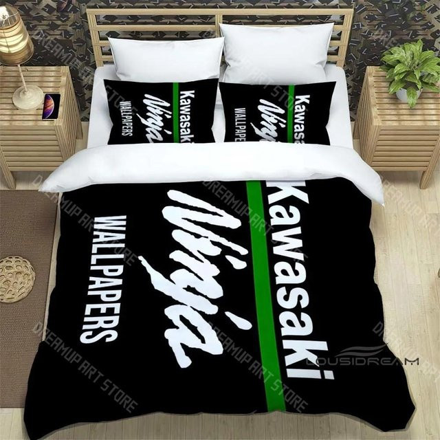 Lodestar Bettwäscheset mit Kawasaki Motorrad Logo im Retro-Design, Schwarz, B/H: 140 x 200 cm - Bild 1