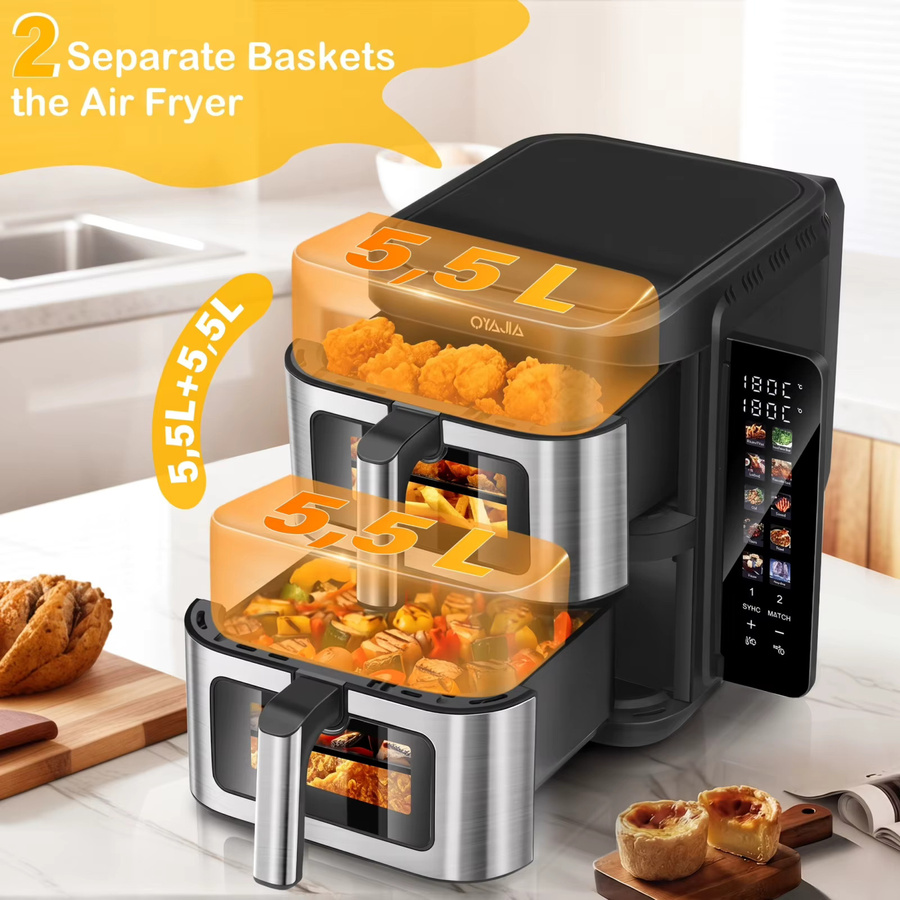 Oyajia XXL Heißluftfritteuse mit Doppelkammer, 11 Liter, Edelstahl, Silber/Schwarz, 2800W mit digitalem Farb-Touch-Display und Timer - Bild 5