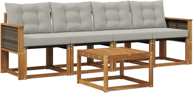 vidaXL Outdoor-Sofagarnitur aus Akazienholz mit Textilene und Kissen in Grau und Natur - Bild 1