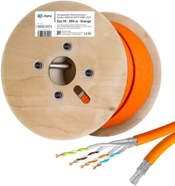 hb-digital CAT 7a Verlegekabel Duplex Installationskabel S/FTP AWG23 LSZH 1200 MHz Orange 250m - Bild 1