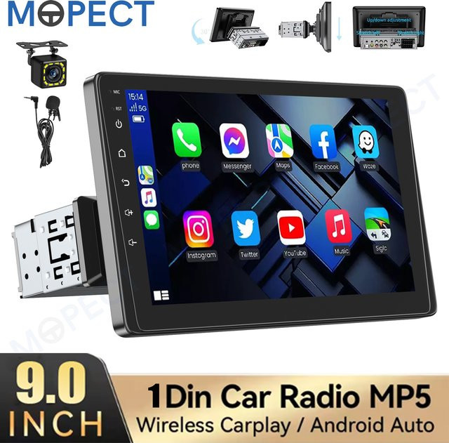 MOPECT 9 Zoll Single Din Kabelloses CarPlay Auto-Stereo MP5 Multimedia-Player mit Touchscreen, FM-Radio, Mikrofon und Kamera in Schwarz - Bild 1