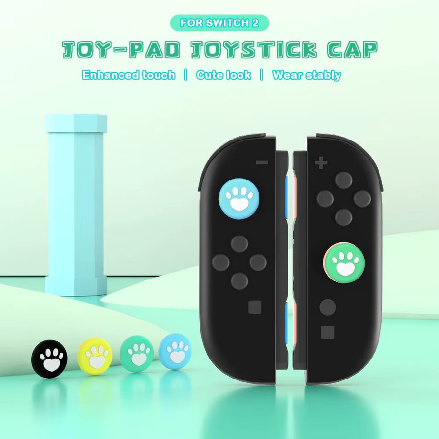 4 Stück ergonomische Daumengriffkappen mit Pfotenabdruck-Design für Nintendo Switch 2, rutschfeste Joystick-Kappen in Schwarz und Bunt - Bild 4