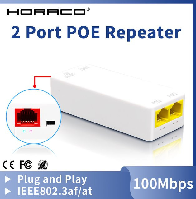 HORACO 2 Port PoE Repeater 100 Mbit/s, PoE Extender mit IEEE802.3af/at Plug&Play, 48 V, Farbe: Weiß - Bild 1