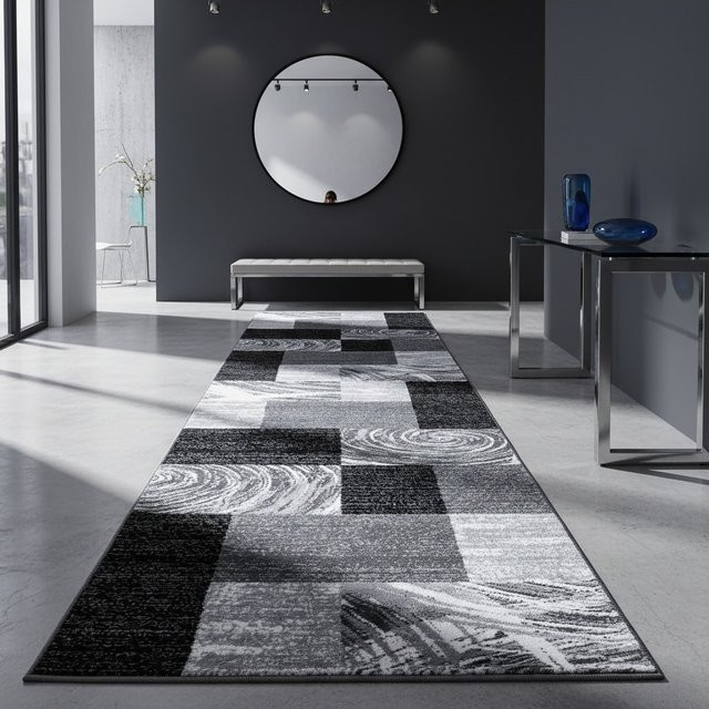 Kurzflorteppich DRAU von Kadima Design, abstrakt kariert, Schwarz, B: 80 cm, L: 300 cm - Bild 1