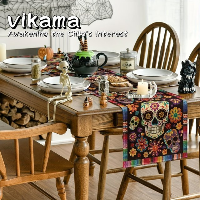 VIKAMA Tischläufer Day of the Dead mit Sugar Skull Motiv, mexikanisches Ethnic Design, Mehrfarbig, B/H: 90 x 33 cm - Bild 1