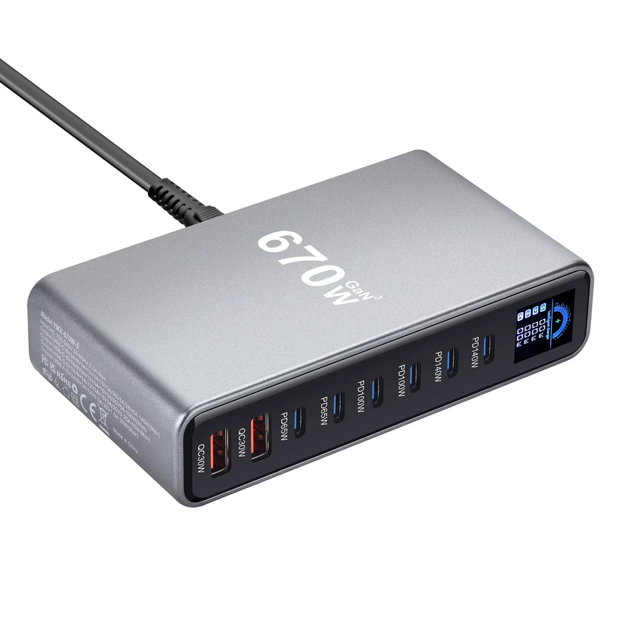 Deepartner 670W GaN Desktop-Schnellladestation mit Display, 8-Port-Ladegerät in Grau mit 140W USB-C-Anschluss für Handys und Tablets - Bild 2