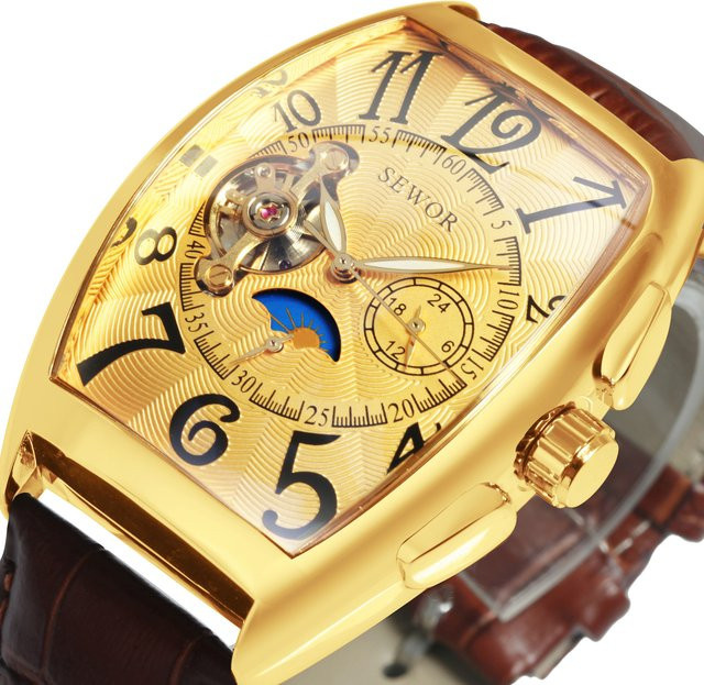 SEWOR Armbanduhr, Automatik, Gold, Tonneau, Leder, Herren - Bild 1