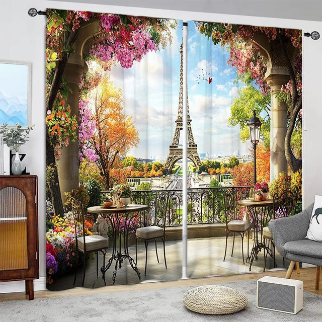 2er-Set halbtransparente Vorhänge mit Eiffelturm-Print von Household supplies MH, modern, Mehrfarbig, B: 52,5 cm x H: 116 cm - Bild 1