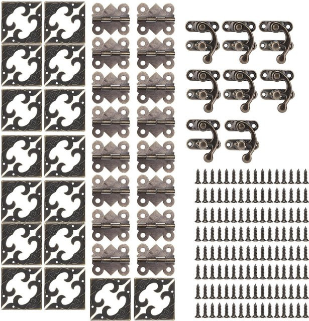 GoolRC Kistenbeschläge Set aus Stahl in Messing-Optik mit Schnallenverschlüssen, Scharnieren und Eckenschützern im Retro-Design in Braun und Grau - Bild 1