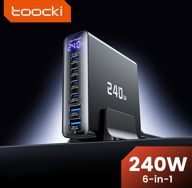 Toocki 240 W GaN Desktop-Ladegerät mit Digitalanzeige, PD3.1 140 W und PPS, USB-C Schnellladegerät für Laptop und Smartphone, Schwarz - Bild 1